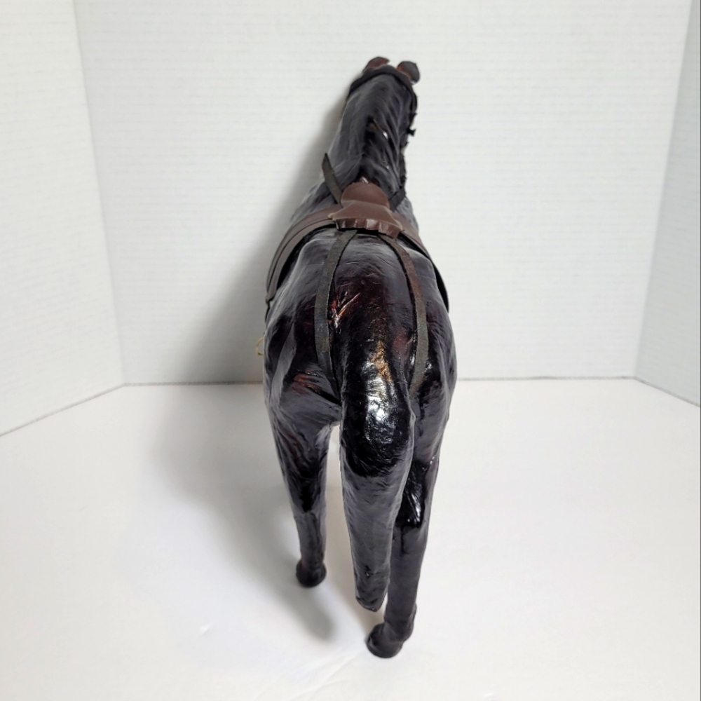 Vintage Brown Leather Wrapped Horse Statue Figure With Saddle - Picture 4 of 12